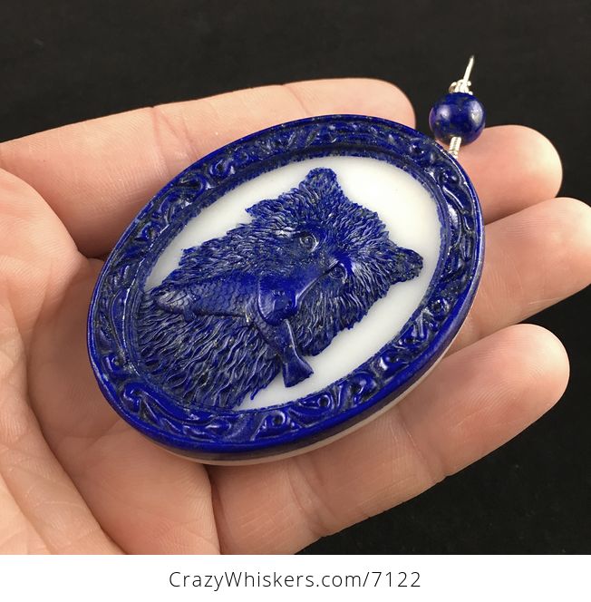 Bear Catching Fish in an Oval Frame Carved Lapis Lazuli Stone Pendant Jewelry - #NqPQuYbf7s8-3