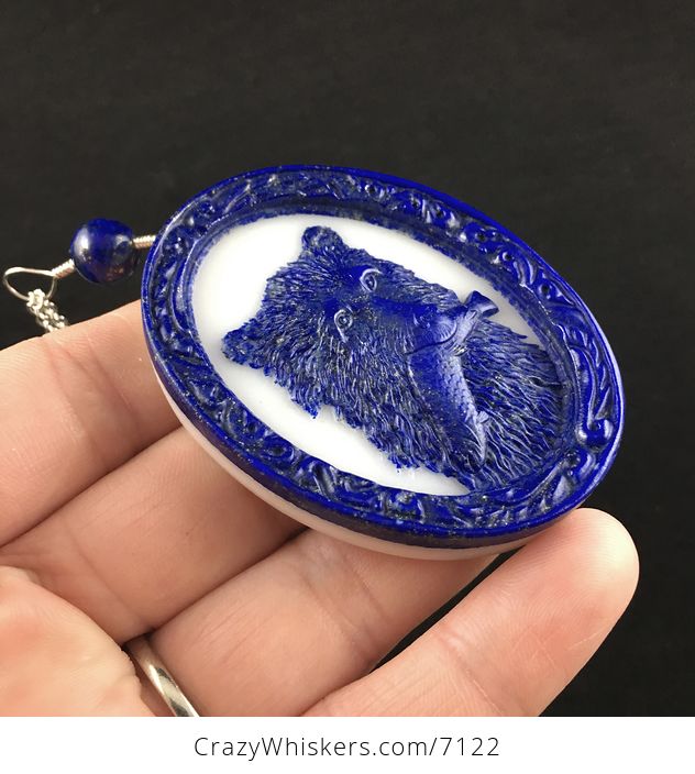 Bear Catching Fish in an Oval Frame Carved Lapis Lazuli Stone Pendant Jewelry - #NqPQuYbf7s8-4