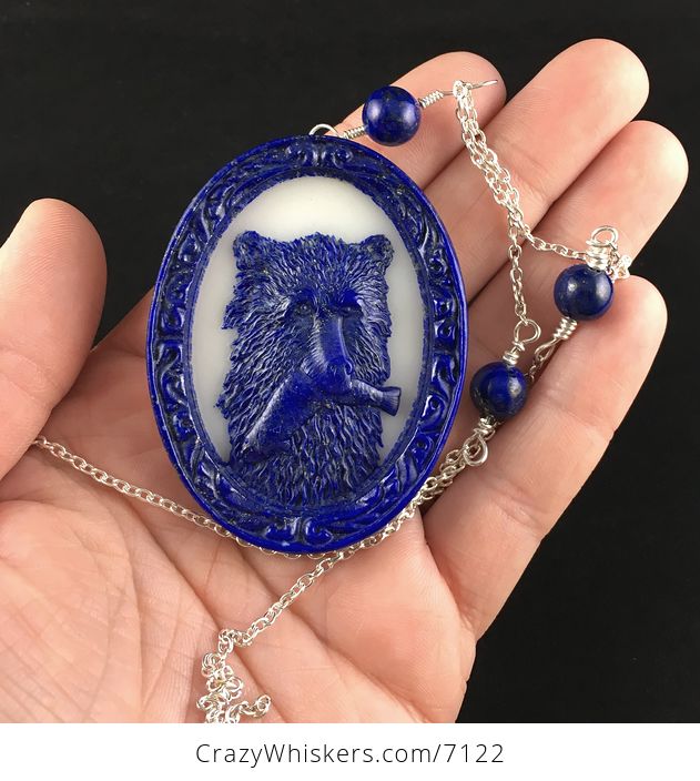 Bear Catching Fish in an Oval Frame Carved Lapis Lazuli Stone Pendant Jewelry - #NqPQuYbf7s8-7