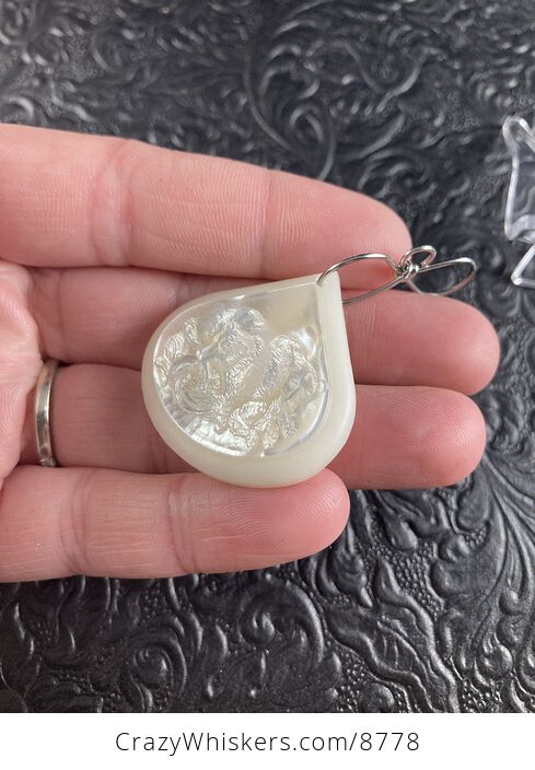 Bear Fishing in a River Carved Mother of Pearl Shell on White Jade Stone Pendant Jewelry Ornament Mini Art - #OifEWQn6ks8-4