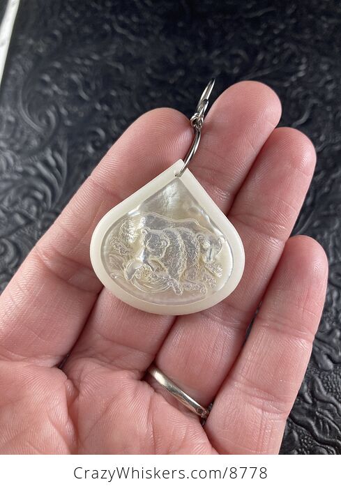 Bear Fishing in a River Carved Mother of Pearl Shell on White Jade Stone Pendant Jewelry Ornament Mini Art - #OifEWQn6ks8-7