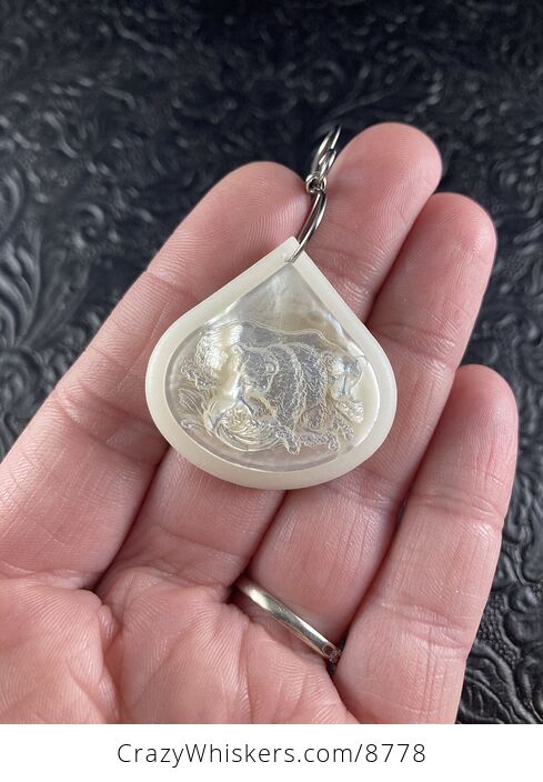 Bear Fishing in a River Carved Mother of Pearl Shell on White Jade Stone Pendant Jewelry Ornament Mini Art - #OifEWQn6ks8-1