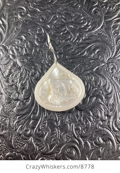 Bear Fishing in a River Carved Mother of Pearl Shell on White Jade Stone Pendant Jewelry Ornament Mini Art - #OifEWQn6ks8-6