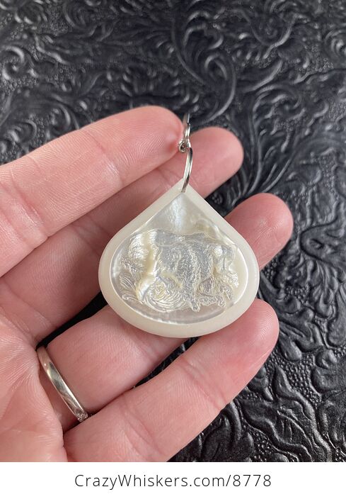 Bear Fishing in a River Carved Mother of Pearl Shell on White Jade Stone Pendant Jewelry Ornament Mini Art - #OifEWQn6ks8-3