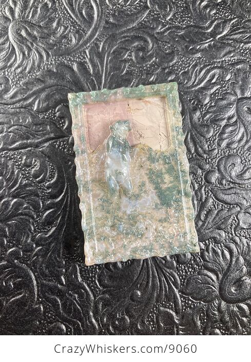 Bear Standing in a River Carved Moss Agate Stone Pendant Jewelry Mini Art Ornament - #wYvTfVWQHCc-5