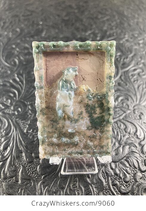 Bear Standing in a River Carved Moss Agate Stone Pendant Jewelry Mini Art Ornament - #wYvTfVWQHCc-1
