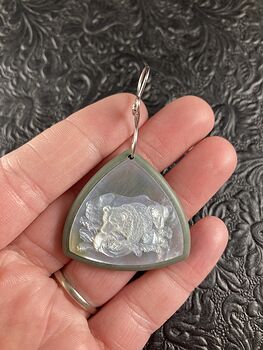 Bears Fishing in a River Carved Mother of Pearl Shell on Jasper Stone Pendant Jewelry Ornament Mini Art #acTRUhyjVAo