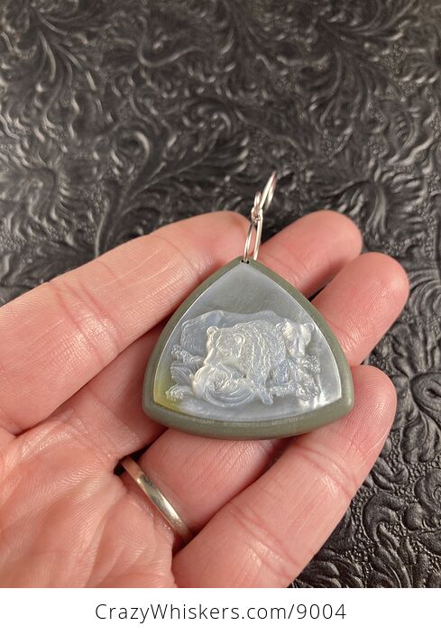Bears Fishing in a River Carved Mother of Pearl Shell on Jasper Stone Pendant Jewelry Ornament Mini Art - #acTRUhyjVAo-2
