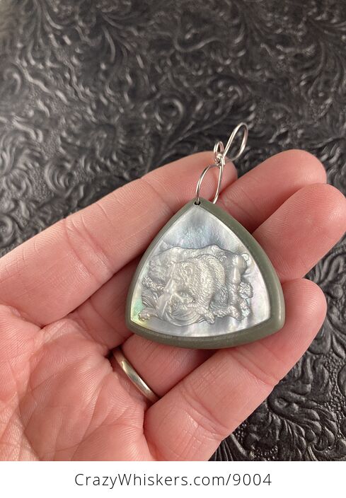 Bears Fishing in a River Carved Mother of Pearl Shell on Jasper Stone Pendant Jewelry Ornament Mini Art - #acTRUhyjVAo-4
