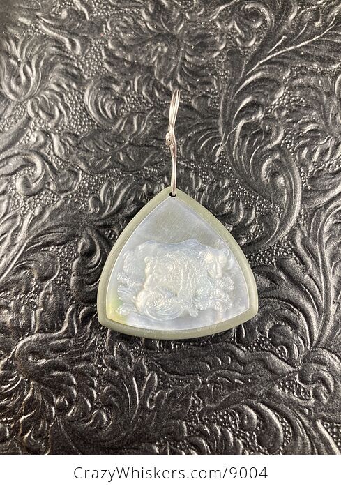 Bears Fishing in a River Carved Mother of Pearl Shell on Jasper Stone Pendant Jewelry Ornament Mini Art - #acTRUhyjVAo-5