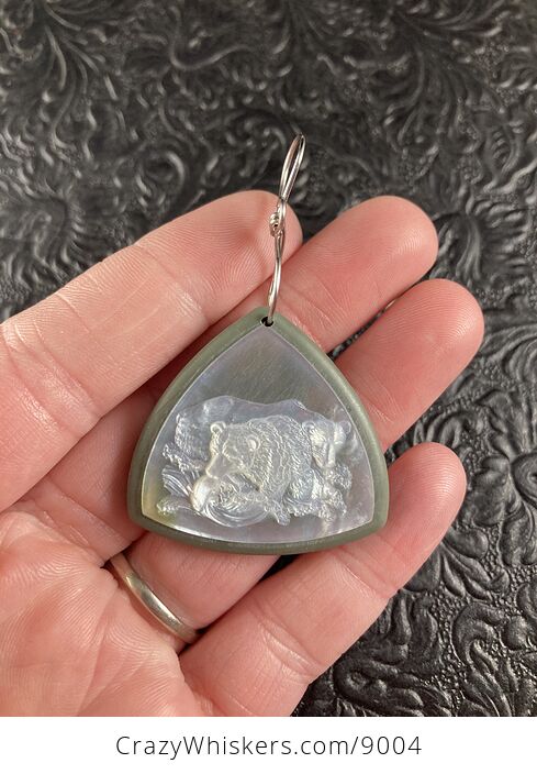 Bears Fishing in a River Carved Mother of Pearl Shell on Jasper Stone Pendant Jewelry Ornament Mini Art - #acTRUhyjVAo-1