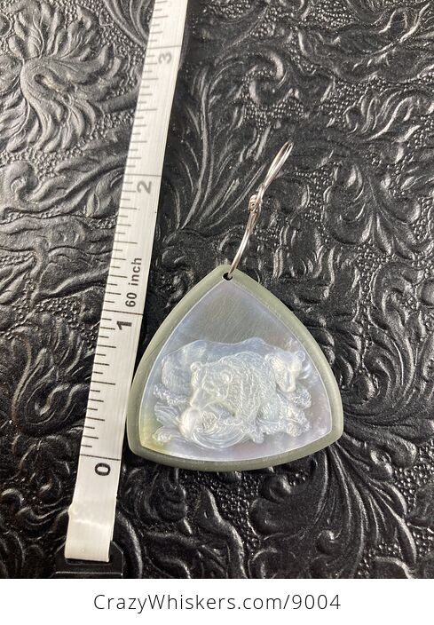 Bears Fishing in a River Carved Mother of Pearl Shell on Jasper Stone Pendant Jewelry Ornament Mini Art - #acTRUhyjVAo-6