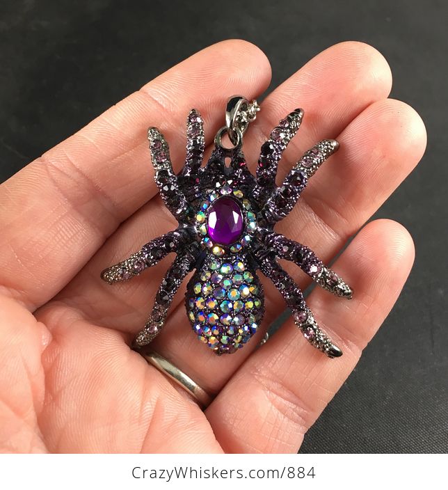 Beautiful and Stunning Colorful Ab Aurora Borealis and Purple Rhinestone and Metal Tarantula Spider Pendant - #AgdznJBBB0Q-1