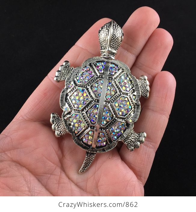 Beautiful Articulated Turtle Tortoise Brooch Pin and Pendant with Aurora Borealis Rhinestones - #Ze6hO8NiofQ-1