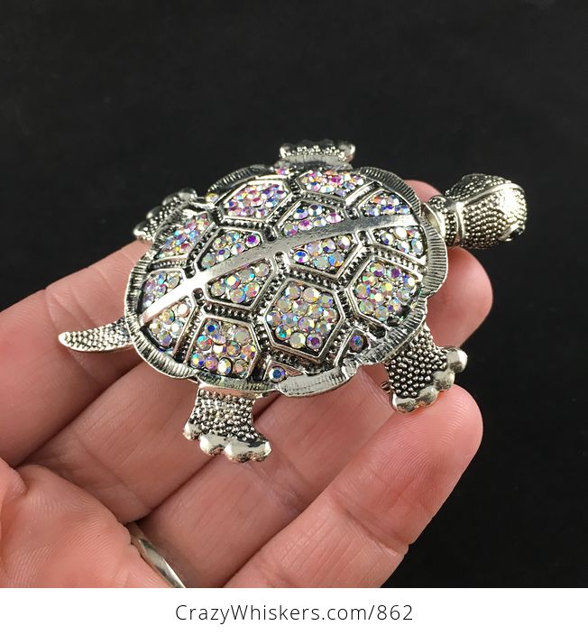 Beautiful Articulated Turtle Tortoise Brooch Pin and Pendant with Aurora Borealis Rhinestones - #Ze6hO8NiofQ-3