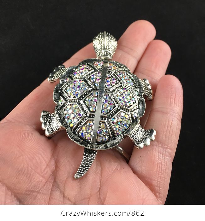 Beautiful Articulated Turtle Tortoise Brooch Pin and Pendant with Aurora Borealis Rhinestones - #Ze6hO8NiofQ-2
