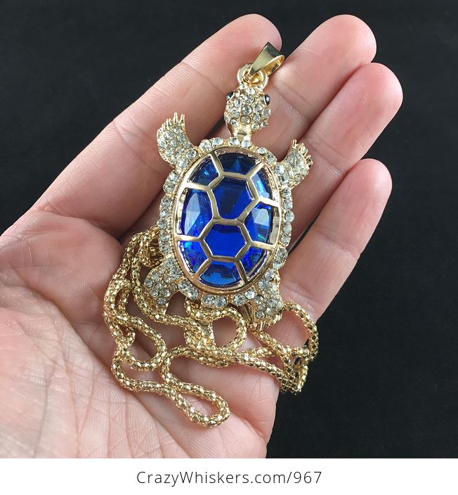 Beautiful Big Turtle Pendant with an Encased Blue Gem and Rhinestones - #8k22edR6e8M-1