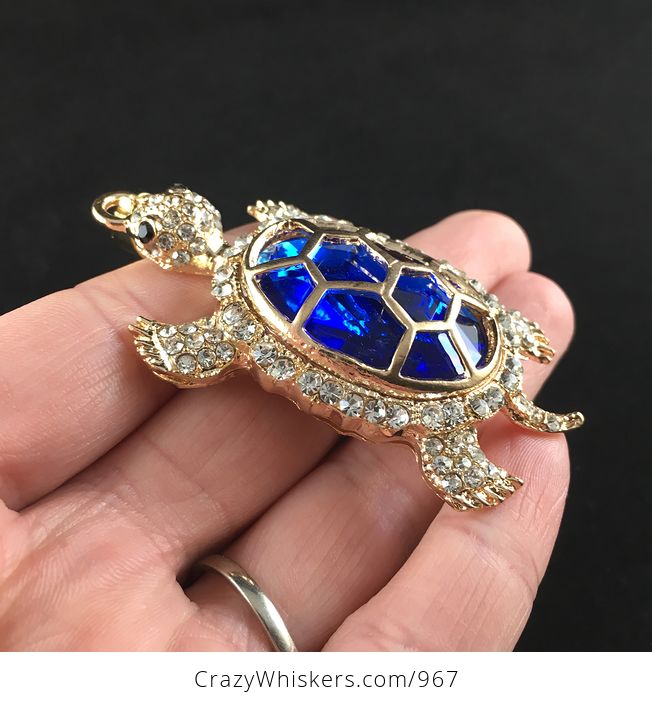 Beautiful Big Turtle Pendant with an Encased Blue Gem and Rhinestones - #8k22edR6e8M-4