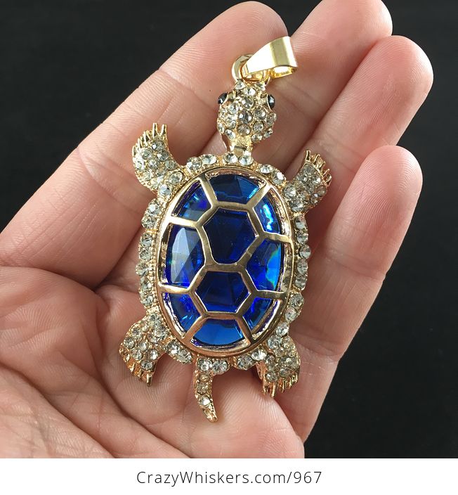 Beautiful Big Turtle Pendant with an Encased Blue Gem and Rhinestones - #8k22edR6e8M-2
