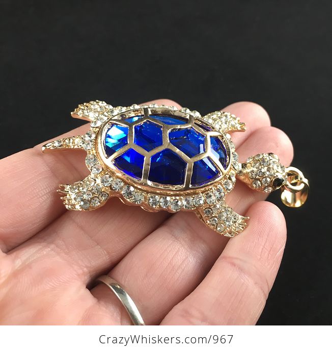 Beautiful Big Turtle Pendant with an Encased Blue Gem and Rhinestones - #8k22edR6e8M-3