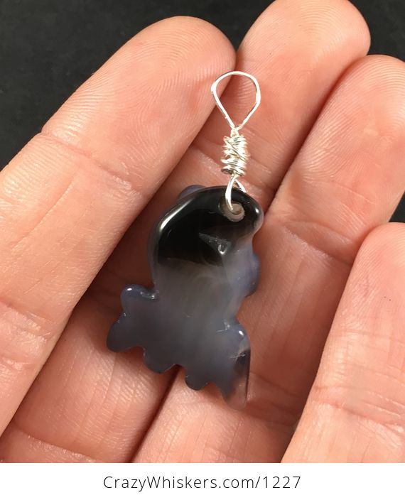 Beautiful Black and Gray Carved Agate Goldfish Pendant Necklace with Custom Wire Bail - #4F5zR336sjc-2