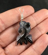 Beautiful Black and Gray Carved Agate Goldfish Pendant with Custom Wire Bail #4F5zR336sjc
