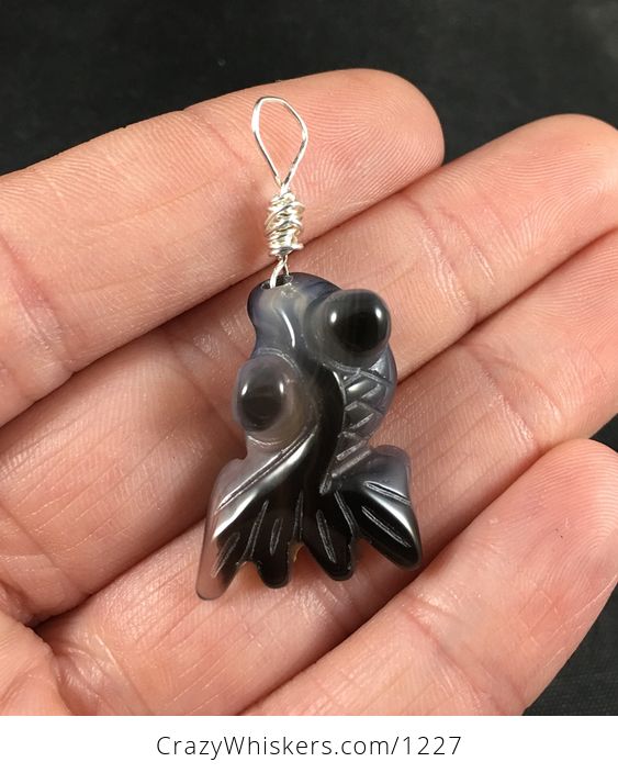 Beautiful Black and Gray Carved Agate Goldfish Pendant with Custom Wire Bail - #4F5zR336sjc-1