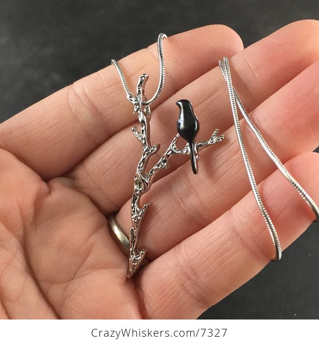 Beautiful Black Bird on a Silver Branch Pendant Necklace Jewelry - #pObiqN51uk8-3