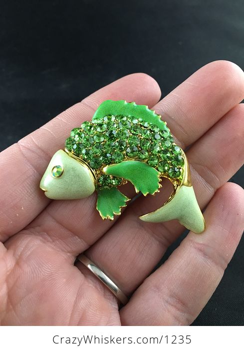 Beautiful Brooch Pin of a Jumping Green Fish with Rhinestones - #JUPKbMeQPgE-1