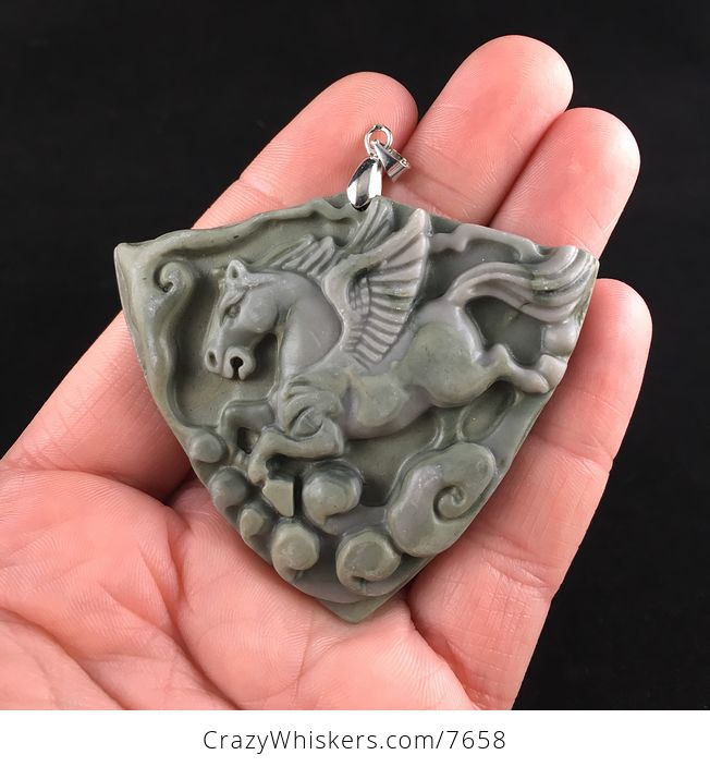 Beautiful Carved Flying Pegasus Winged Horse Red Malachiteribbon Jasper Stone Pendant Necklace - #ByaVUEcELNM-1