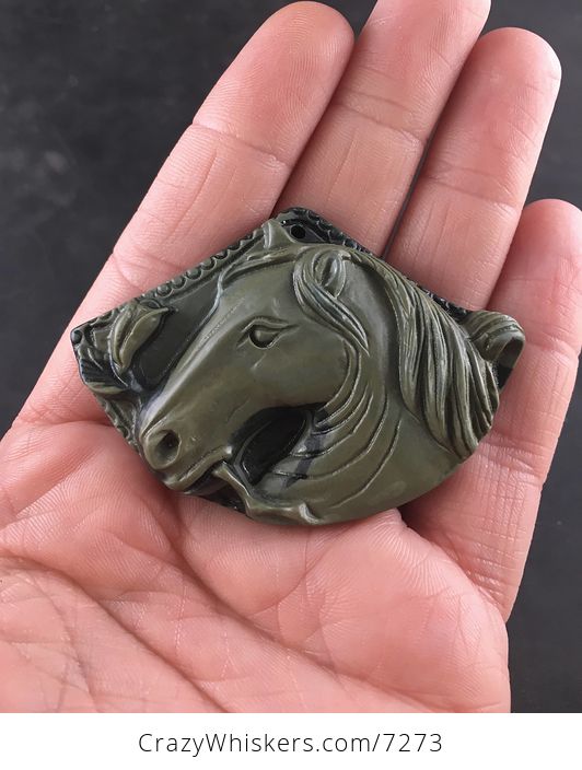 Beautiful Carved Horse with a Flower Ribbon Jasper Stone Pendant - #A5EAYwXM2rk-1