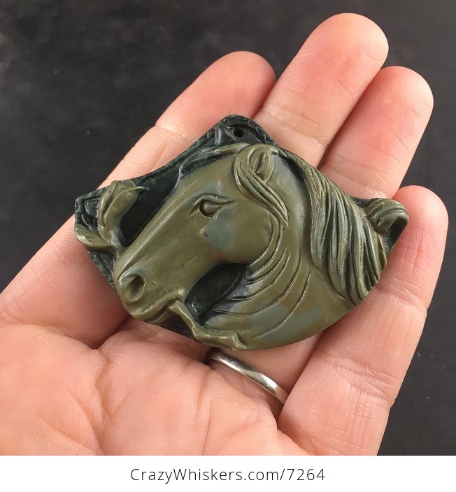 Beautiful Carved Horse with a Flower Ribbon Jasper Stone Pendant - #JtSt6XuIULY-1