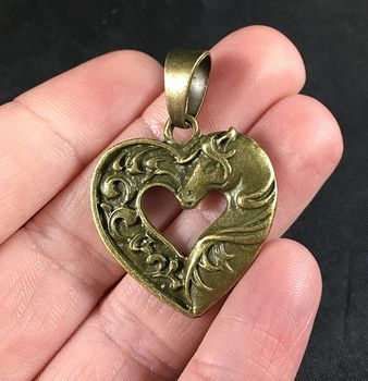 Beautiful Floral and Horse Head Bronze Toned Heart Pendant Necklace #EEtj0xl2YXc