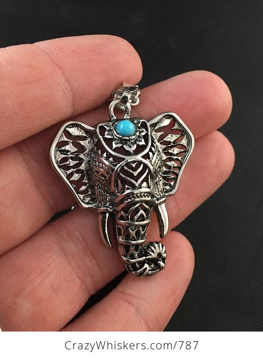 Beautiful Pendant of an Elephant Head with a Blue Stone and Cut Outs in Silver Tone Metal - #sV2hIU95LXY-1