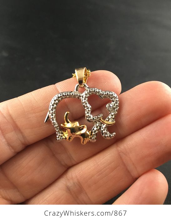Beautiful Rhinestone Mother and Baby Elephant Pendant in Gold and Silver Tone - #VSx7ira18Gs-1