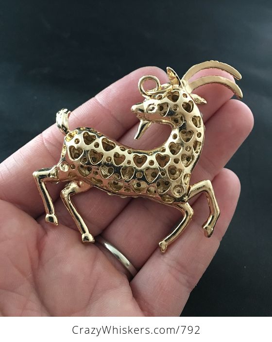 Beautiful Running Horned Billy Goat and Crystal Rhinestone Pendant on Gold Tone - #ywFp0710E1g-2