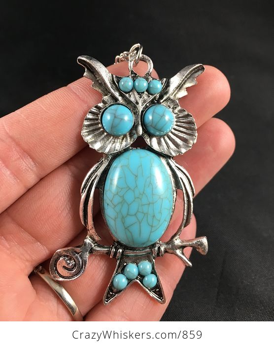 Beautiful Silvertone and Turquoise Perched Owl Pendant - #h9uoOWJgBwo-1