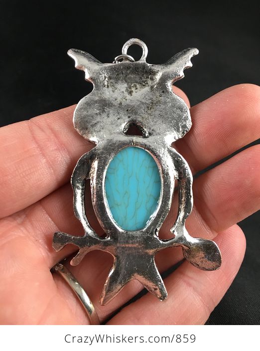 Beautiful Silvertone and Turquoise Perched Owl Pendant - #h9uoOWJgBwo-2