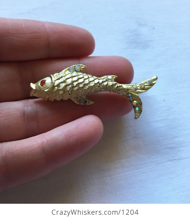 Beautiful Textured Gold Toned Fish Brooch Pin with Red Eye and Sparkly Stones - #j05ibDqISDw-1