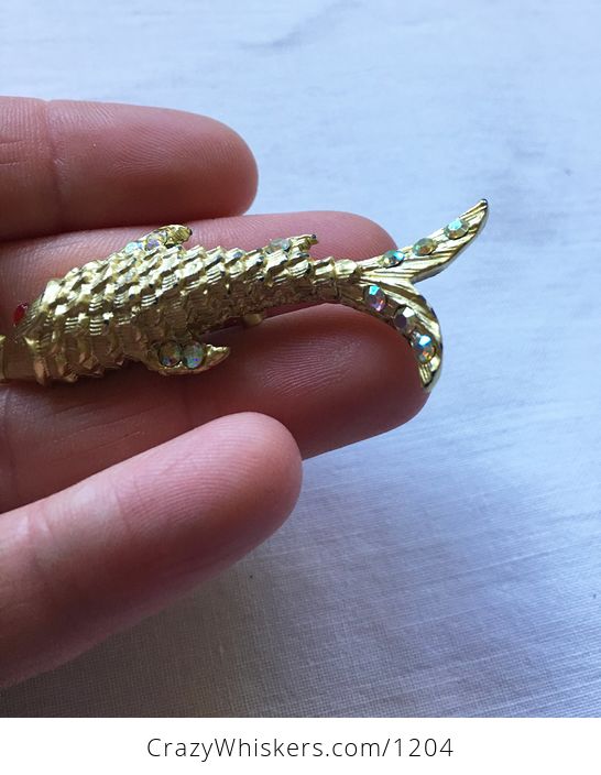 Beautiful Textured Gold Toned Fish Brooch Pin with Red Eye and Sparkly Stones - #j05ibDqISDw-3