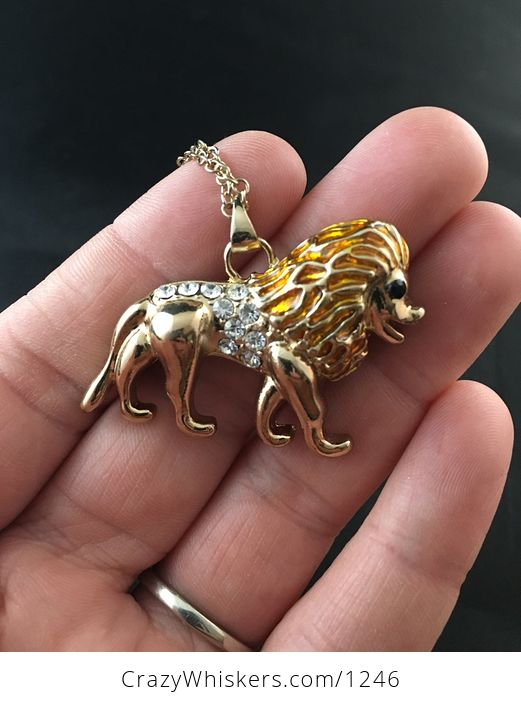 Beautiful Walking Male Lion Necklace Pendant in Gold Tone with Rhinestones - #I2KLfYOeNvA-1