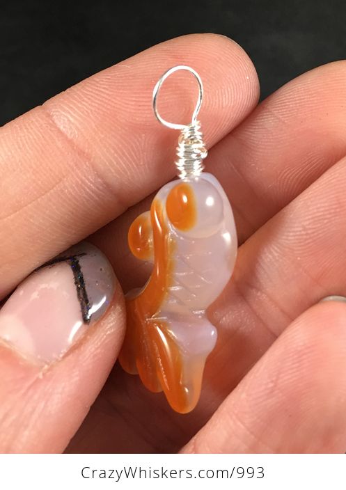 Beautiful White and Orange Carved Agate Gold Fish Pendant Necklace with Custom Wire Bail - #Tf4tPvXalPQ-2