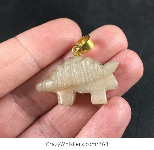 Beige Carved Stone Armored Dinosaur Pendant Necklace - #oXzDAeeh3C0-2