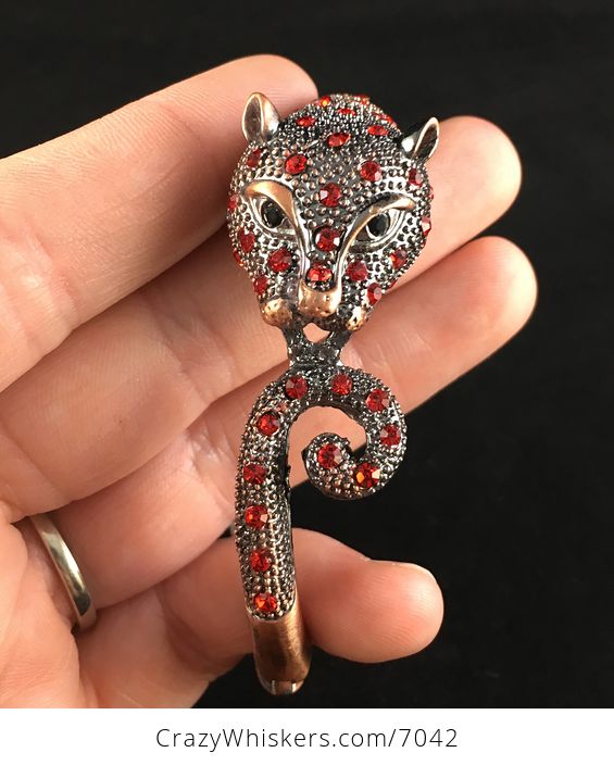 Big Cat Leopard Jaguar Bracelet Jewelry with Red Crystal Rhinestones on Copper Tone - #xJQhDRJtq94-1