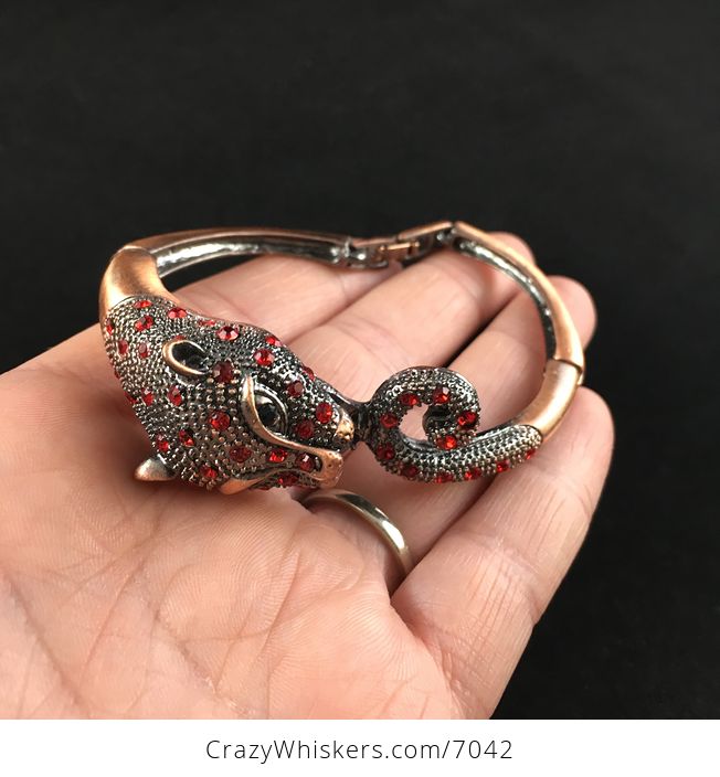 Big Cat Leopard Jaguar Bracelet Jewelry with Red Crystal Rhinestones on Copper Tone - #xJQhDRJtq94-2
