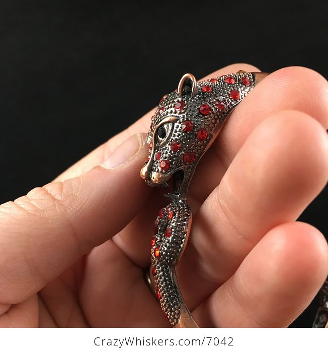 Big Cat Leopard Jaguar Bracelet Jewelry with Red Crystal Rhinestones on Copper Tone - #xJQhDRJtq94-4