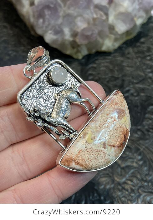 Birds Eye Jasper and Quartz Deer Crystal Stone Jewelry Pendant - #RjU8M2SAqlo-3