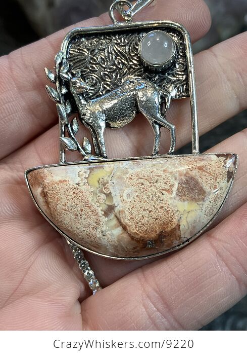 Birds Eye Jasper and Quartz Deer Crystal Stone Jewelry Pendant - #RjU8M2SAqlo-2