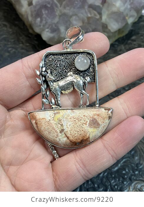 Birds Eye Jasper and Quartz Deer Crystal Stone Jewelry Pendant - #RjU8M2SAqlo-1
