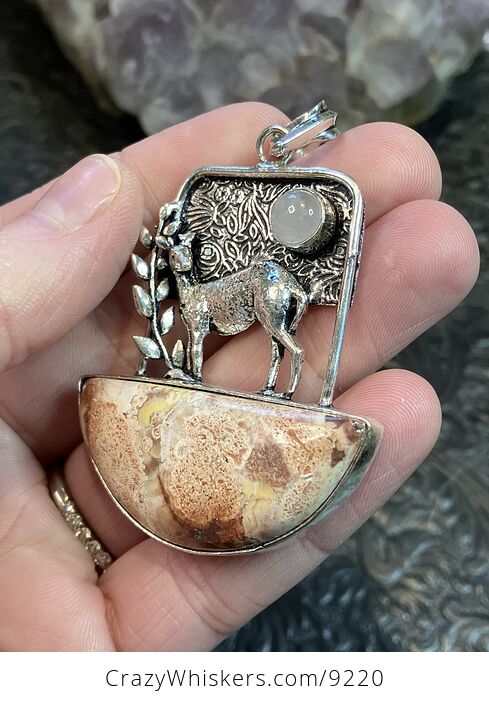 Birds Eye Jasper and Quartz Deer Crystal Stone Jewelry Pendant - #RjU8M2SAqlo-4
